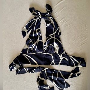 navy blue and white satin halter neck crop top